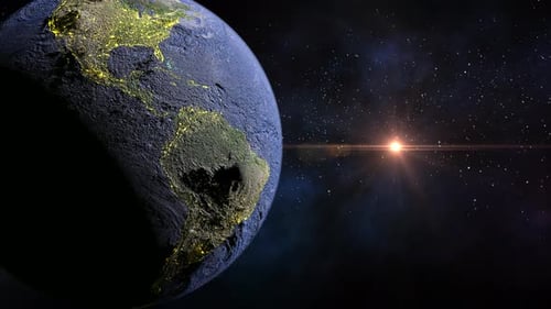 3d Planet Earth Rotating With Sun On Space. 3d Earth Rotate And Destroying, Our Planet Earth Destroy