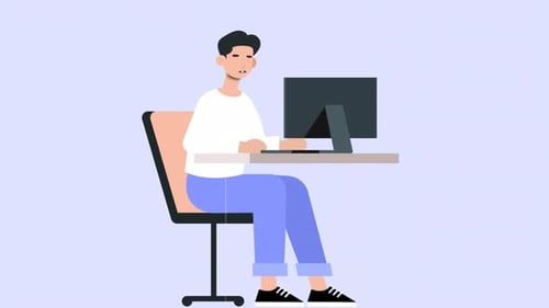 Flat Design Animation of Person Working at Computer Showing Emotions