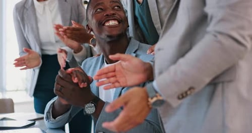 Business people, winner and success applause in office for career goal achievement of black man