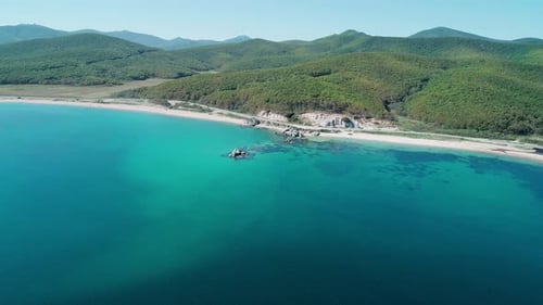 Aerial View of a Beach Turquoise Water and Huge Rocks in the Sea Beautiful Seascape