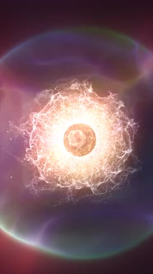 Bright cosmic explosion with a glowing orb at center, surrounded by particle bursts and luminous