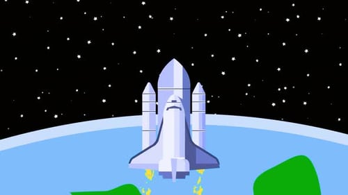 Flat Design Space Shuttle Launch Animation with Satellite