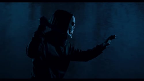 Side View Of Scary Man Wearing Ghost Mask Holding A Knife While Running In The Abandoned Hotel