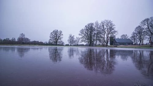 A lake freezes over during the winter in a four season time lapse shot.