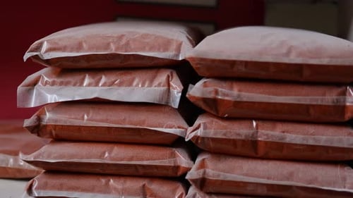 dry red chilli powder spice for sale at retail shop from top angle at day