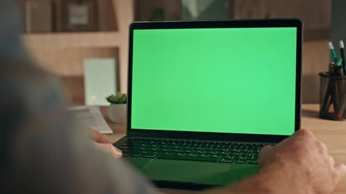 Unrecognizable Freelancer Looking Green Screen Laptop Close Up Worker Reading