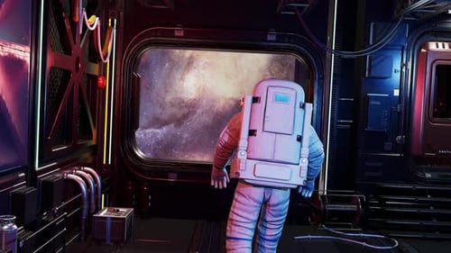 Un astronaute marche dans un couloir spatial futuriste en regardant la Terre et les étoiles. Animation 3D