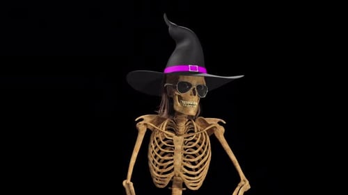 Dancing Skeleton With Witch Hat And Sunglasses For Halloween