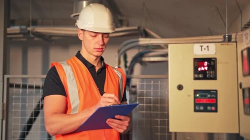 Young Man Inspecting Control Panel, Writing on Clipboard