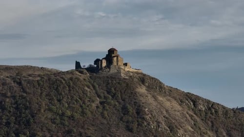 Aerial view on ancient Jvari monastery in Mtskheta, Georgia 2022