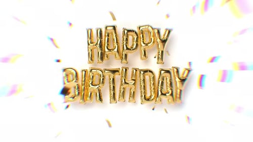 Happy Birthday Moving Gold Balloon Text with Falling Confetti.