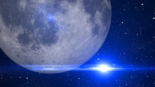 Cosmic Blue Light Flare on Moon and Starry Space Background