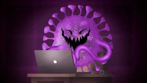 Animated Cartoon Virus Character Hacking a Laptop