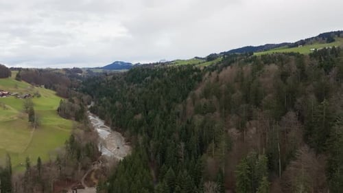 Aerial view of forest valley with green fields and village houses in scenic countryside