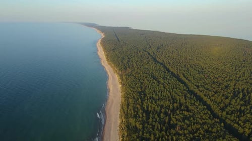 Aerial view of Curonian spit with sandy beach, sea and forest on Baltic sea