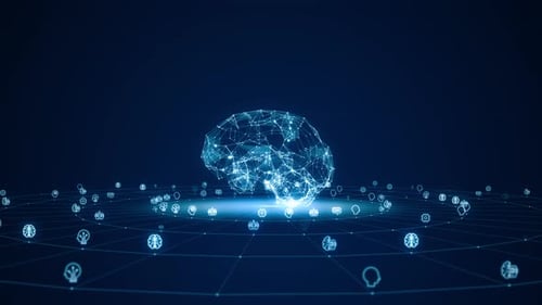 3D Blue polygon digital brain logo with grid and rotation circle line connection