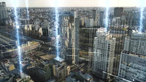 Aerial view showing connection lines in financial district of Buenos Aires in 4K - Stock exchange mo