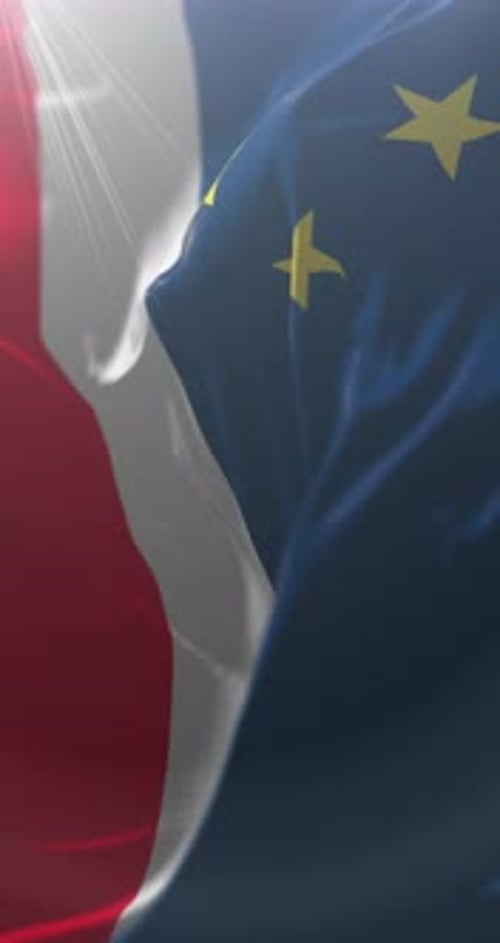 Realistic Waving Red and White National and European Union Flags