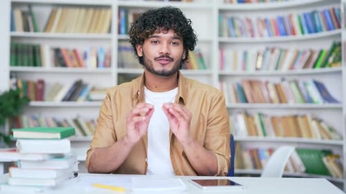 Young happy teacher student having online video call training in campus library space. A college