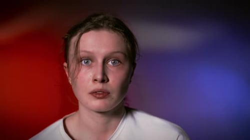 Scared and Excited Dancer Woman Looking at Camera Portrait in Studio Mad Eyes Crazy Actress