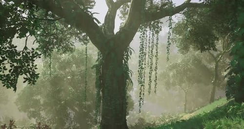 Lush Forest Landscape with a Majestic Tree and Cascading Vines at Dawn