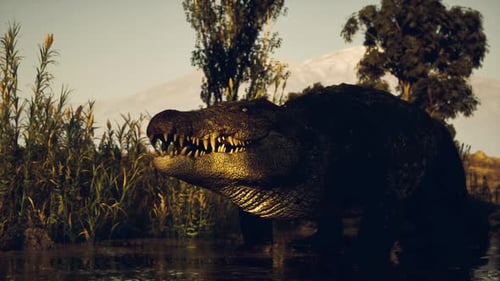 Un crocodile émerge de l'eau dans un environnement naturel serein au coucher du soleil