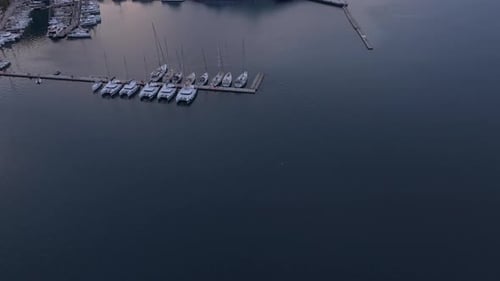 Aerial view of marina with yachts at sunrise, Turkey.