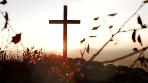 Holy Religious Cross Standing on Top of Mountain Hill Landscape