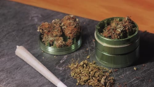 Cannabis, Joint, and Grinder Close Up