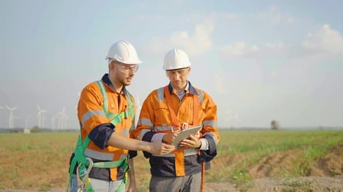 Ein Ingenieur in Uniform kam herein, um Hallo zu sagen und mit einem männlichen Kollegen zu chatten, der am Tablet arbeitete