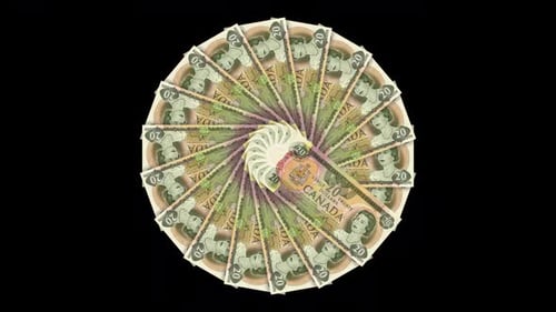 Canadian Twenty Dollar Bills Fanning Out in Circular Animation