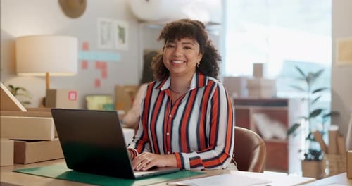 Happy woman, face or laptop for fashion e commerce, small business or inventory in startup shop
