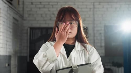 Lab Technician Adjusting Safety Glasses While Holding Tablet in Automotive Workshop