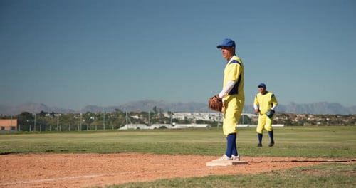 Starting drill prompting three male teammates practicing throws and catches on diamond, with gloves