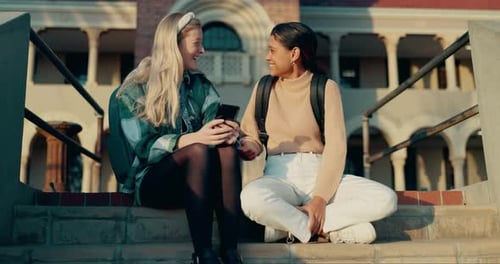 Funny, friends and reading phone on college, campus or students outdoor with social media