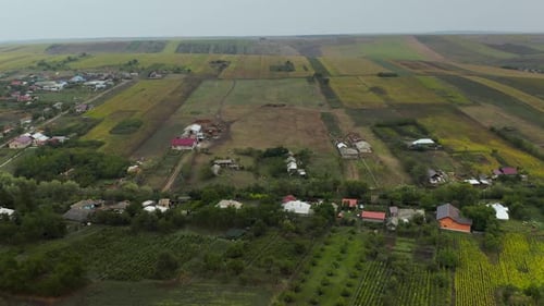 Aerial drone views over rural village landscape