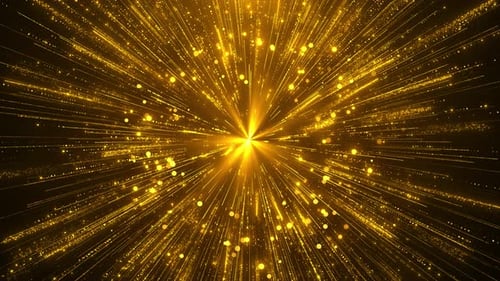 Concept technologique futuriste, lignes dorées, particules scintillantes sur fond noir, paillettes et