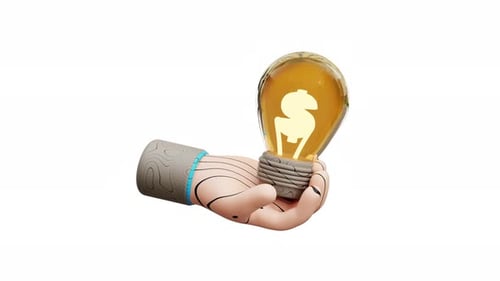 3D Hand Holding Illuminated Idea Lightbulb with Dollar Sign
