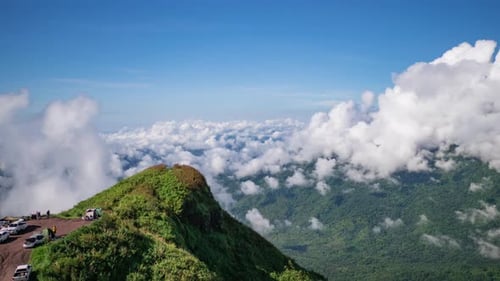 Timelapse fog on mountain and cloudy sky landscape, beautiful nature of forest and mountains