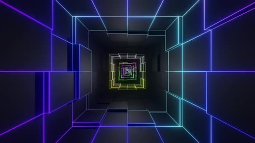 Abstract Neon Grid Tunnel Rainbow Lights Futuristic Digital Art 3D Render Dark Space Blocks Vidios