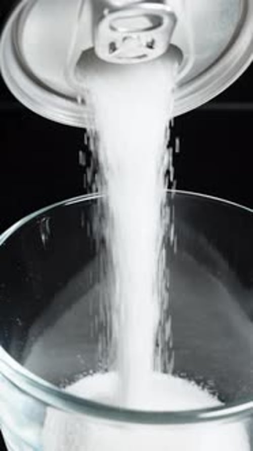 Vertical video. Sugar is poured from a can instead of soda, the concept of harmful drinks.