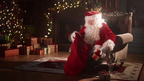 Santa Claus Sorting Gifts by Christmas Tree Indoors