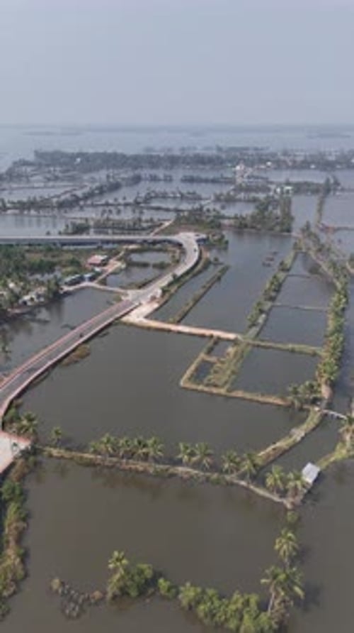 Vue aérienne d'une route sinueuse traversant les backwaters du Kerala et les îles Cocotier