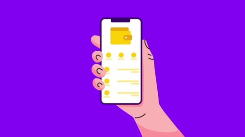 Digital wallet animation on smartphone suits financial technology or mobile banking.