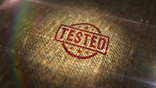 Tested sign stamp on linen sack loop