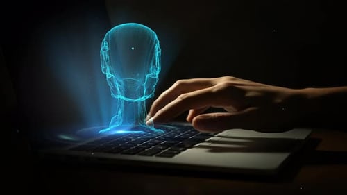 Futuristic Holographic AI Head Projected from Laptop