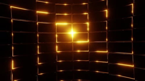 Golden Glowing Geometric Grid Animation with Light Burst