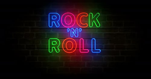 Rock-n-roll music neon on brick wall loop