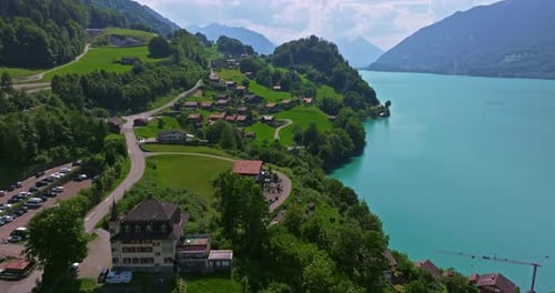 Reservoir with Fresh Water in Swiss Drone Flying Over Beautiful Lake Aerial Drone Swiss Mountain