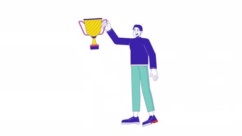 Flat Design Character Celebrates Success Holding Golden Trophy